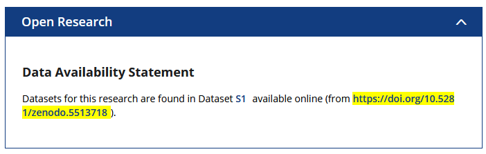 Open Researchという項目に、Data Abailability Statementの記載があり、Datasets for this research are found in Dataset S1 available online (from https://doi.org/10.5281/zenodo.5513718).と書いてある。