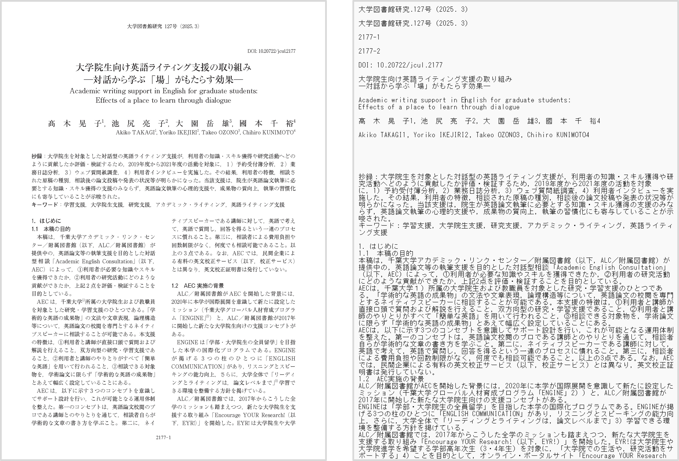 同じ文書のPDFファイルとTXTファイルが並んでいる。PDFファイルには、タイトルや著者名が中央ぞろえで記載され、本文が横書きの2段組みで記載されている。メモ帳で開いたTXTファイルは、すべて左寄せになり、段組みもなくなっている。