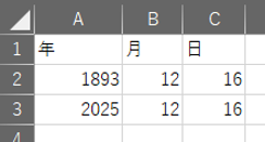 日付を年、月、日の列にそれぞれわけてExcelに入力している。1893/12/16は年の列に1893、月の列に12、日の列に16が入力されている。